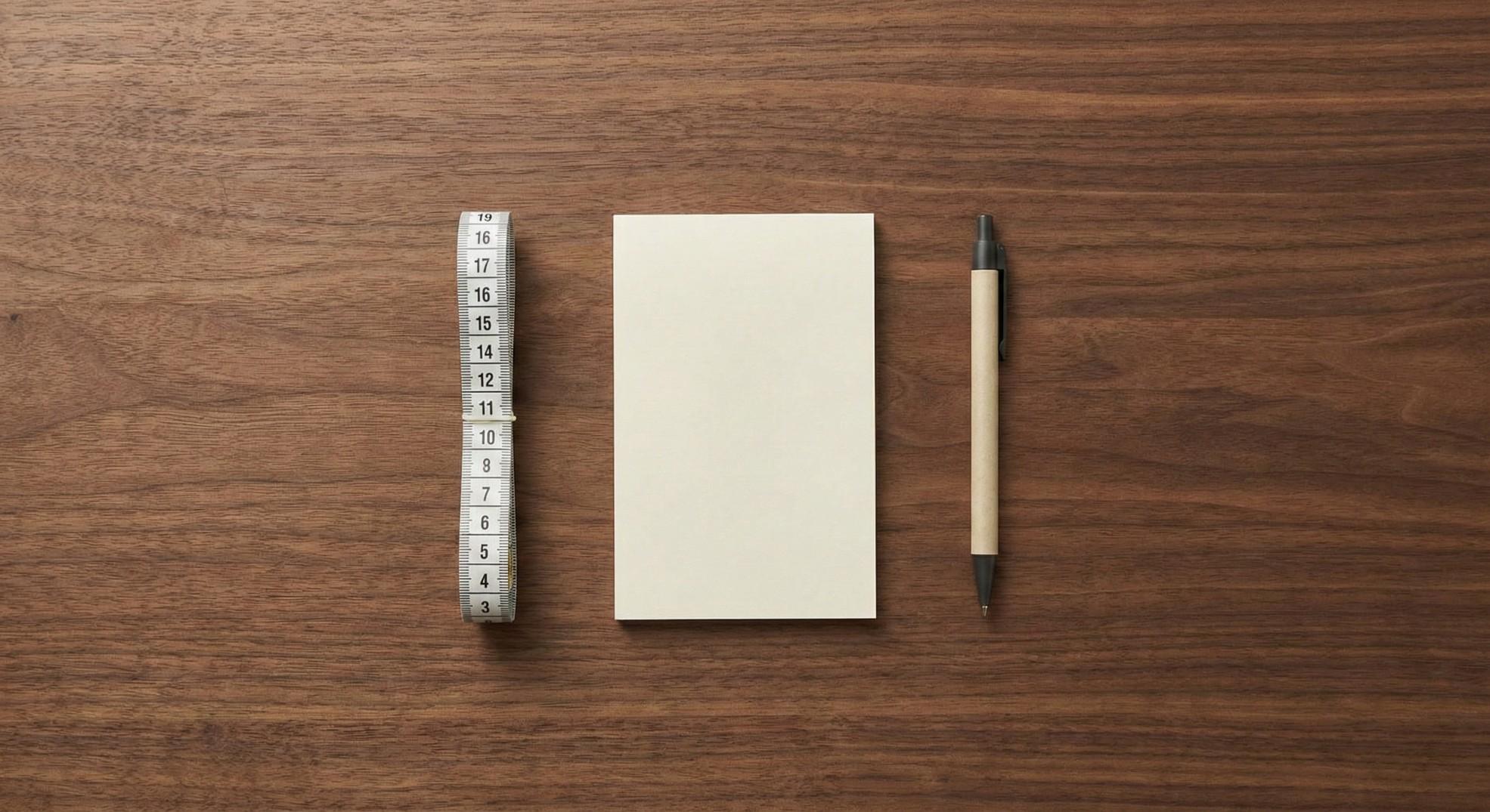 Measuring tools for circumference: flexible tailor's tape, notepad, and a pen on a desk.