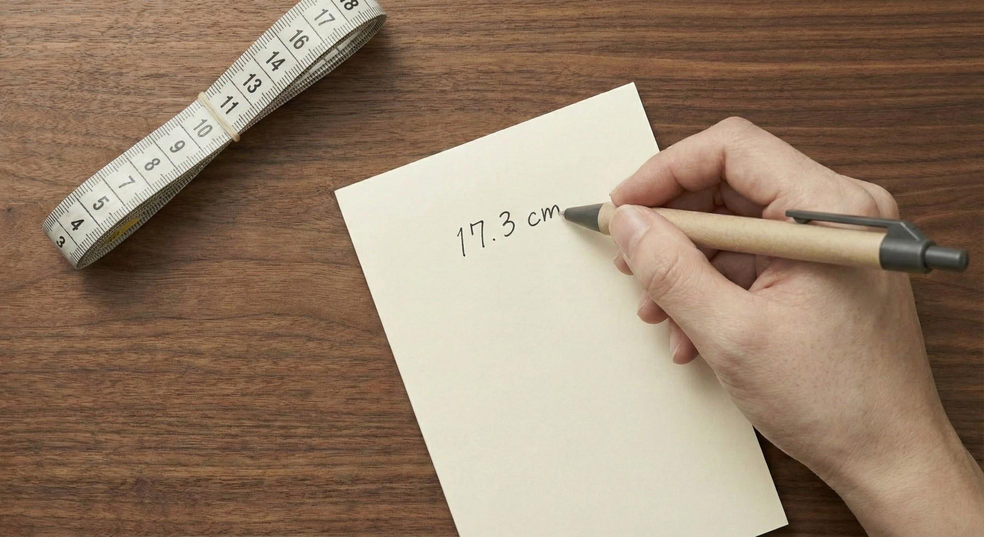 Recording the final wrist circumference measurement on a notepad for watch band sizing.