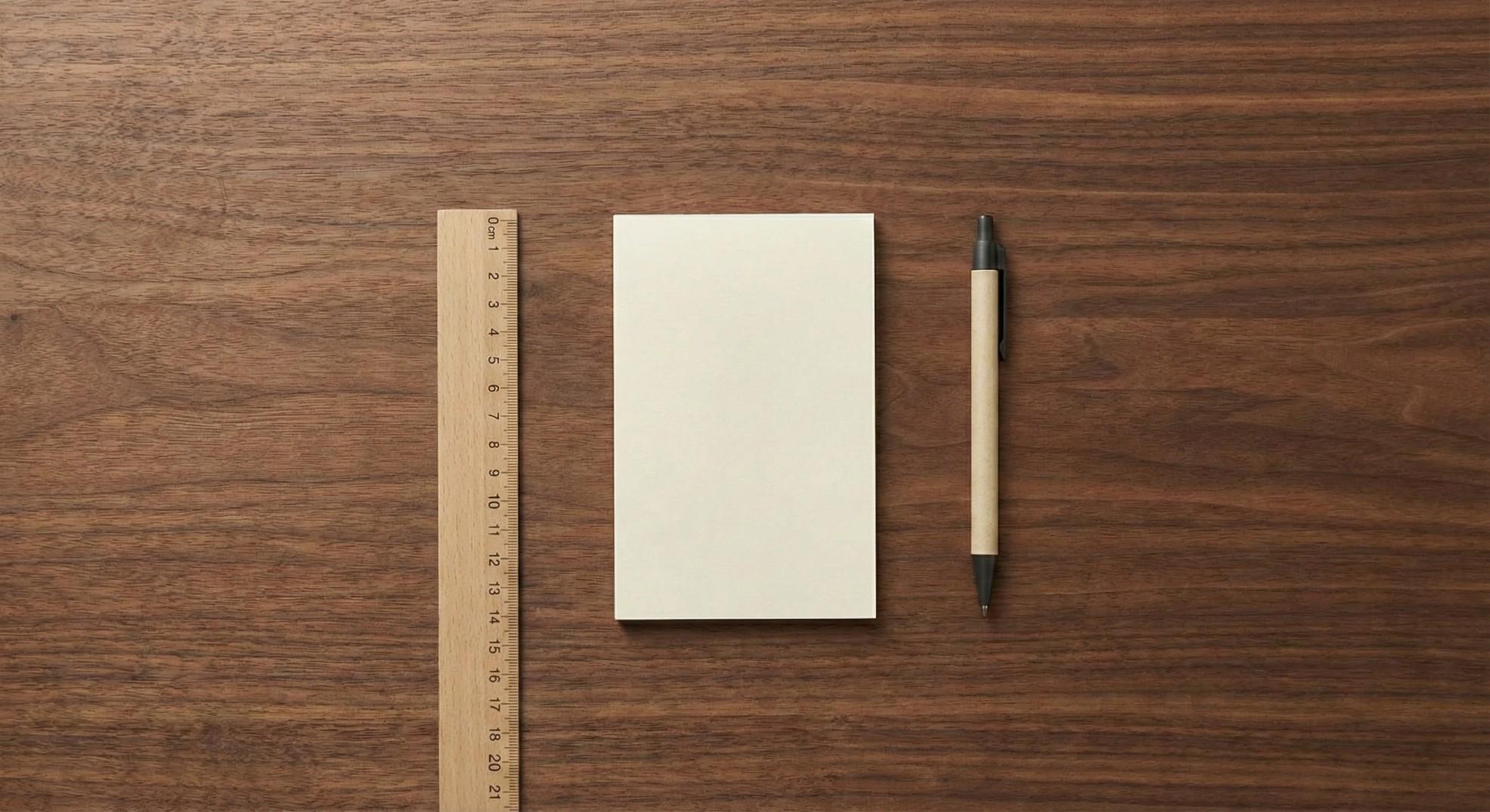 Tools laid out on a wooden table: a ruler, notepad, and pen for measuring wrist width.