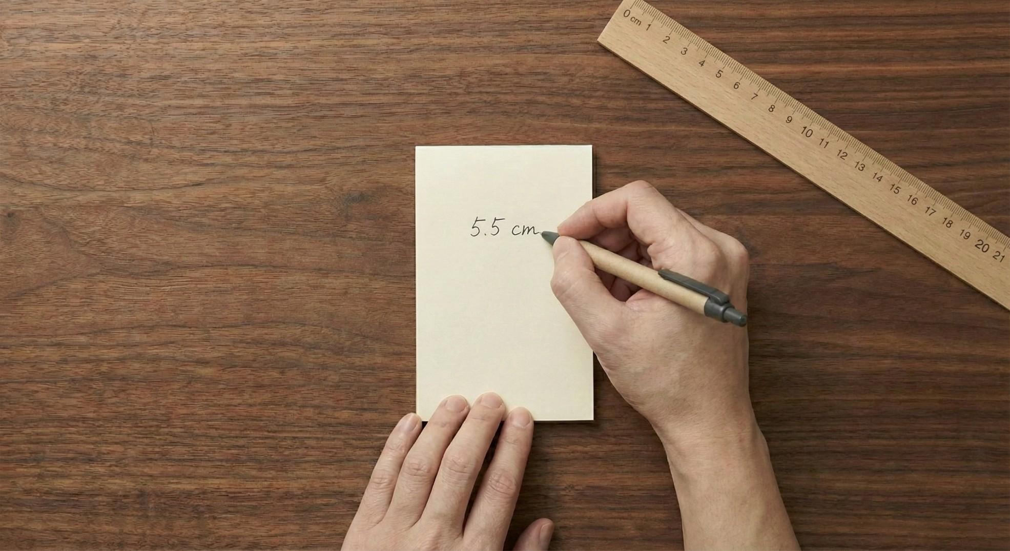 Hand writing down the wrist width measurement on a notepad after using a ruler.